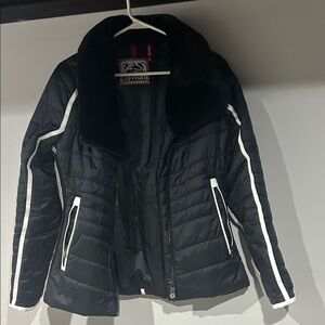 Alp N Rock Quilted Ski Jacket – Black w/ White Trim – Faux Fur Collar – Women’s